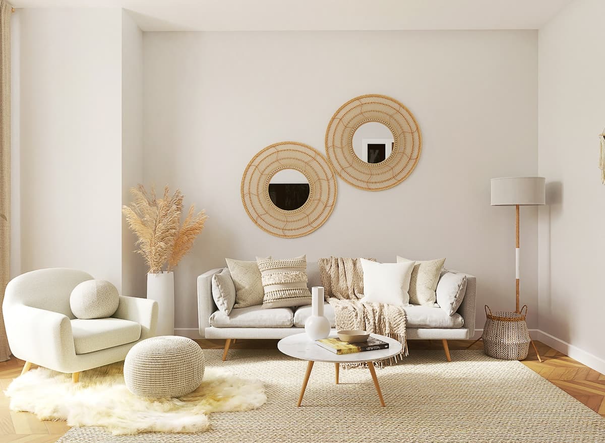 Moderne woonkamer met strak interieur en rustige kleurcontrasten