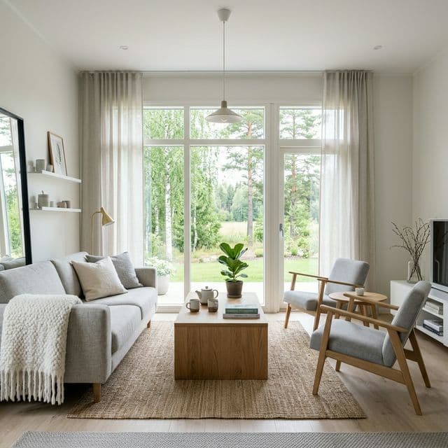 Scandinavische woonkamer met lichte kleuren en zachte materialen